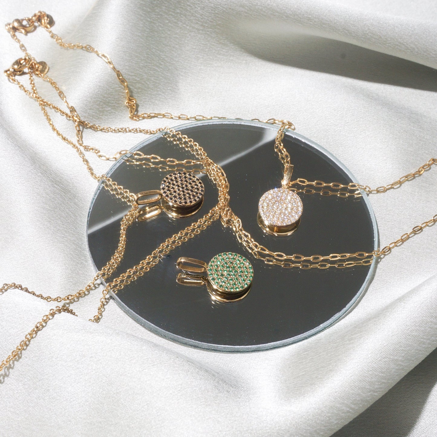 White Diamante Circle Pendant - Gold