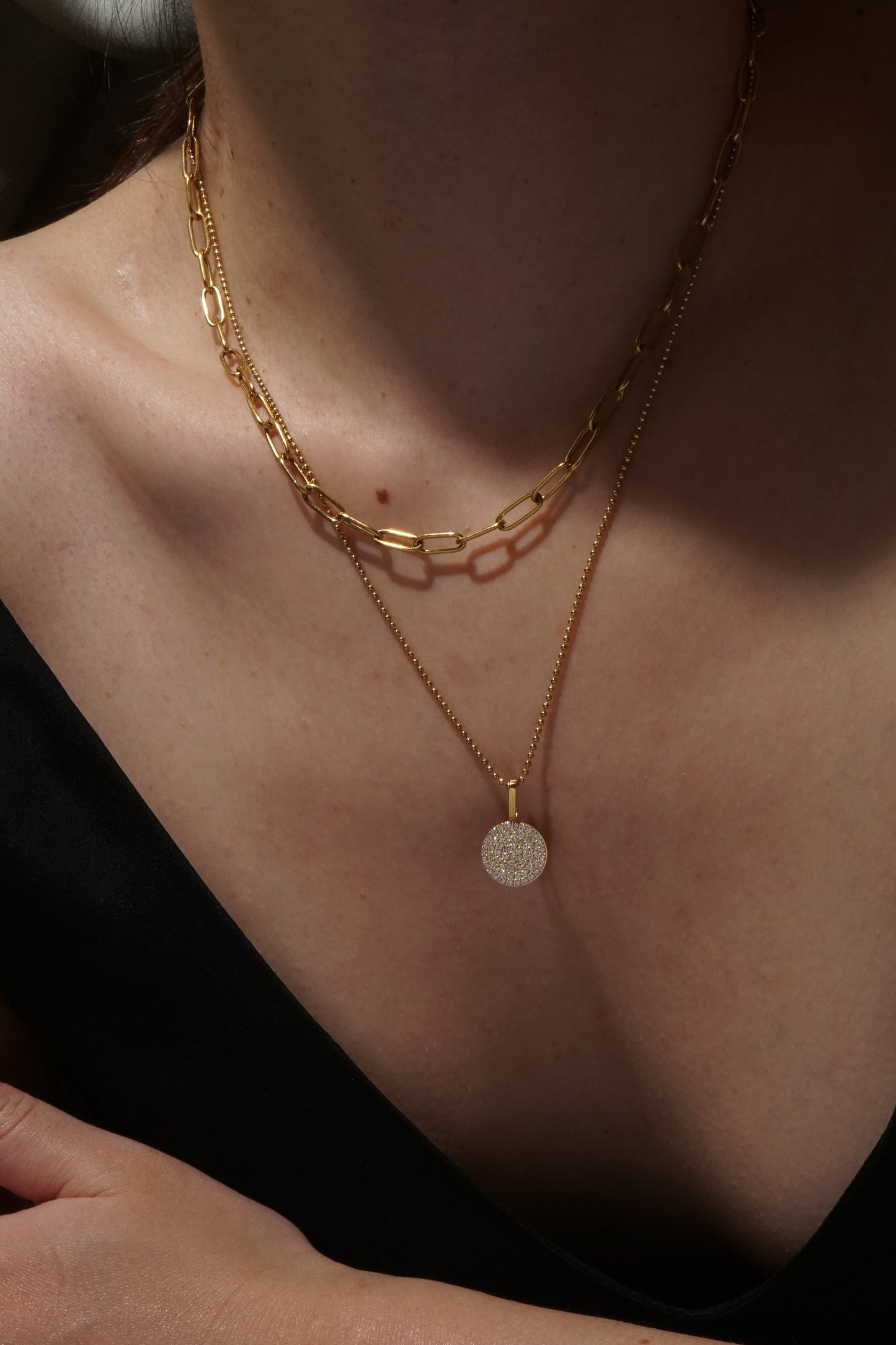 White Diamante Circle Pendant - Rose Gold